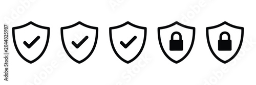 Schilderij op canvas Shield security icon set, five shield symbols with check marks and closed padlocks, protection and safety icons, cybersecurity verification vector design elements