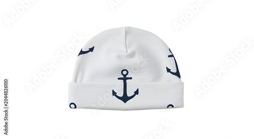 White Cotton Baby Beanie with Navy Blue Anchor Print