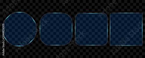 Set of blue glass frames with glowing borders. Glass PNG. Glass panels of different shapes with neon frames. vector illustrations
