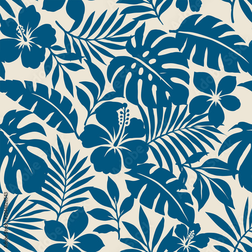 Seamless tropical floral pattern with hibiscus flowers, monstera and palm leaves, botanical jungle repeat design for fabric, wallpaper and textile.