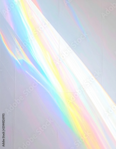 Abstract light refraction creates vibrant, iridescent streaks across a white, textured surface