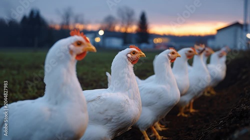 Chickens walk along a field at sunset near a small town in the evening light