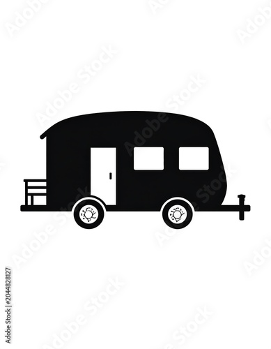 A black silhouette of a small camper trailer with a door and windows