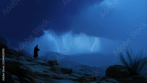 Moses receives commandments during storm on Mount Sinai with thunder and lightning in the background