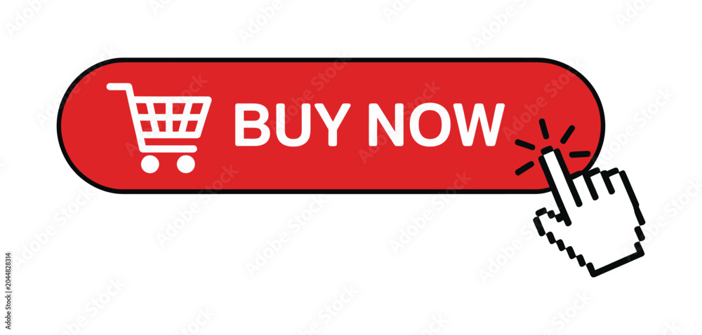 Obraz premium Buy Now Red Button with Click Hand Cursor icon vector illustration for Ecommerce, online Shopping and Call-to-Action Website design.