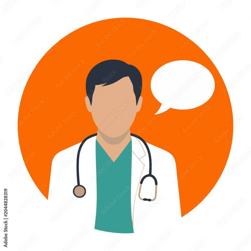 Fototapeta premium Doctor thinking with speech bubble flat design vector for healthcare and medical consultation