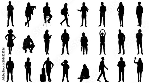 Silhouette people walking and standing in casual poses isolated on transparent background, Vector