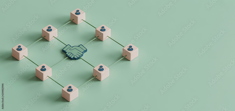 Obraz premium Network diagram with handshake symbol and person on light green background