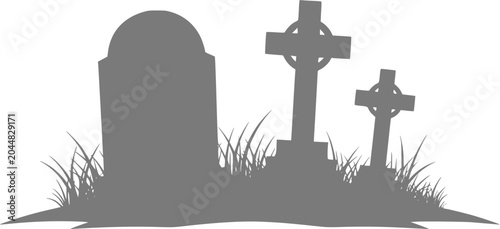 Foto Silhouette of tombstones and celtic crosses in a graveyard with grass