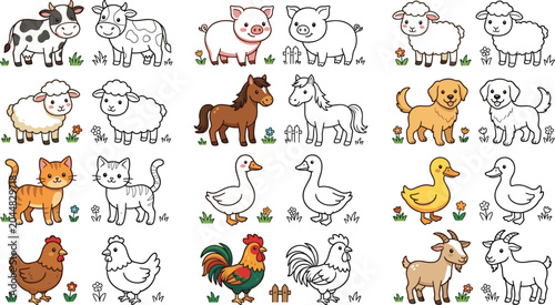 Bild auf Leinwand Farm Animal Coloring Pages Collection Featuring Cow Pig Sheep Horse Dog Cat Goos