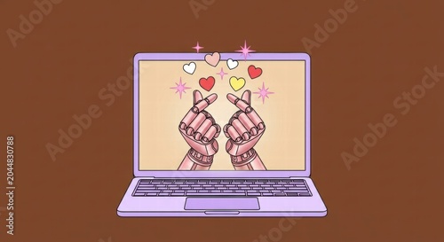 Futuristic AI Romance: Robot Hands Making Mini Heart Sign on Laptop Screen Concept