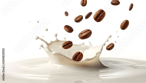 Coffee beans splashing into milk white background dynamic beverage concept photo