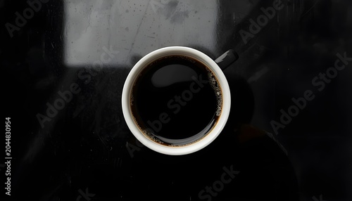 White ceramic cup of black coffee on glossy black surface minimal concept photo