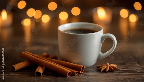 White ceramic coffee cup with cinnamon sticks star anise cozy warm beverage concept photo