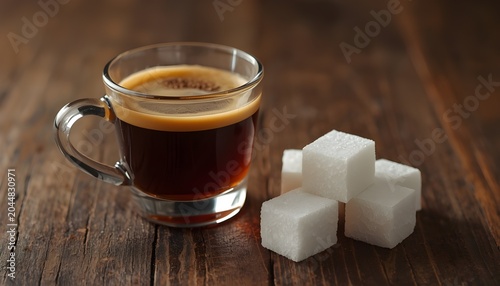 Espresso in glass with sugar cubes wooden surface classic coffee concept photo