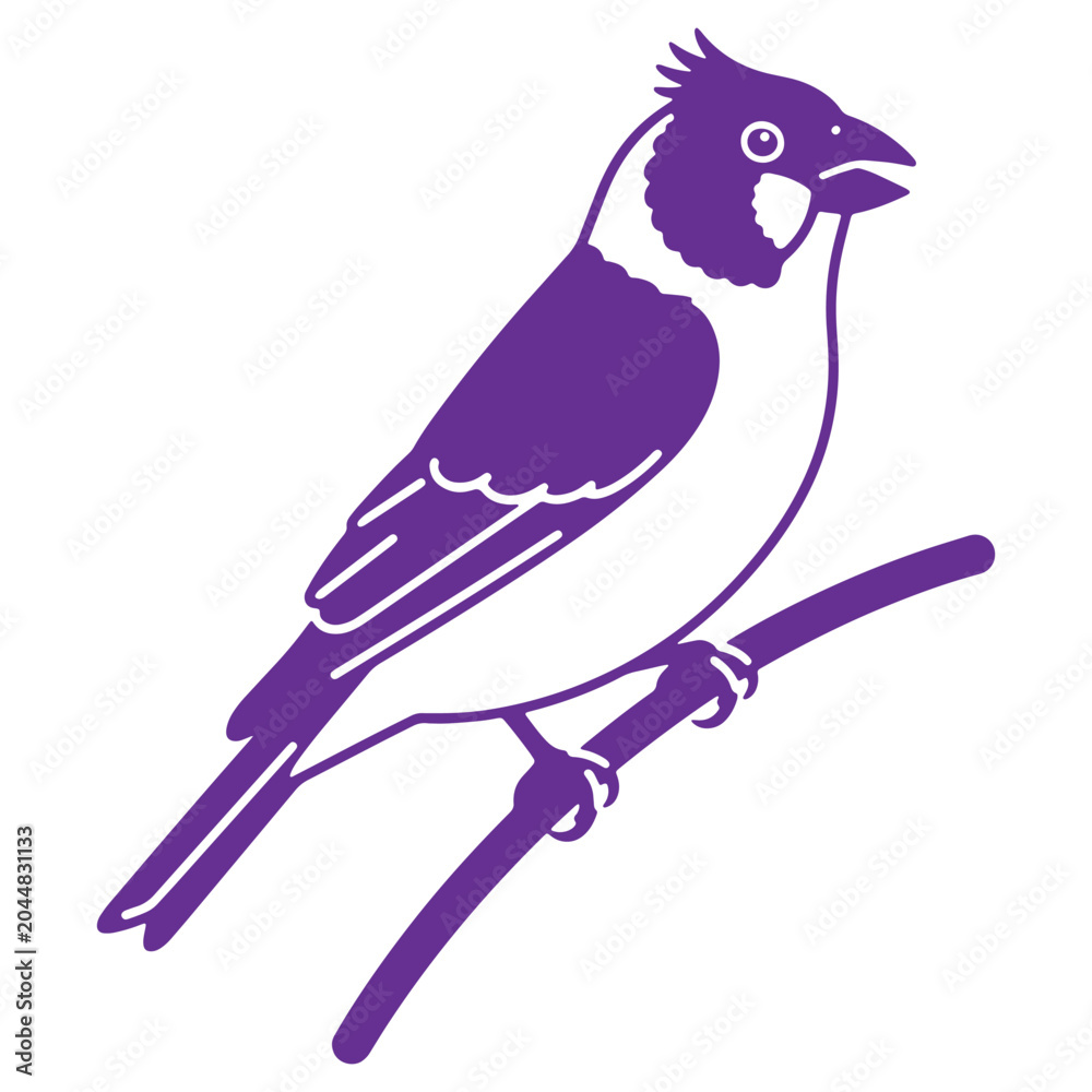 Fototapeta premium Stylized purple bird silhouette perched on a branch with a pointed crest and open beak depicting a charming avian creature in a minimalist vector art style isolated on a white background