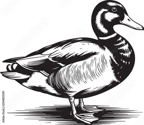 Detailed vintage style line art drawing of standing mallard duck isolated on transparent background.