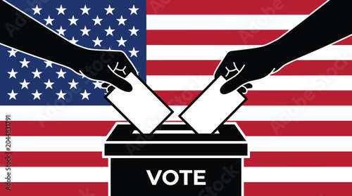 Foto American election voting concept vector, hands putting ballots into ballot box,