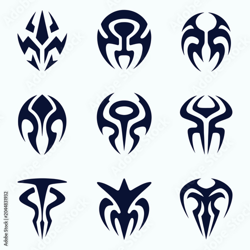 Set of nine tribal tattoo designs in dark blue on white background with abstract shapes and swirling patterns  tribal art collection