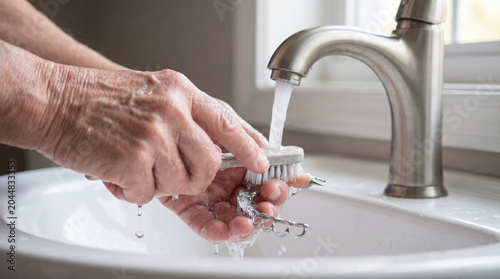 A senior person washing a partial denture in a sink with a toothbrush and running water
