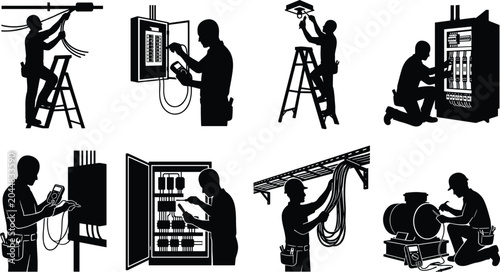 Obraz na plátne Yoga poses silhouette vector icon set featuring woman practicing meditation lotus downward dog warrior tree and bridge positions