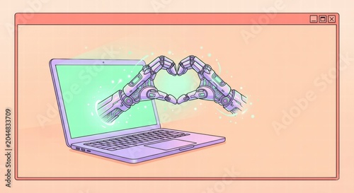 Two Robotic Hands Forming Heart Shape Pop Up from Glowing Laptop Screen