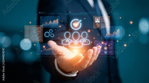 Businessman using AI and data analysis to identify target audience. Concept of customer segmentation, partner profiling. artificial intelligence candidate screening analytics workflow