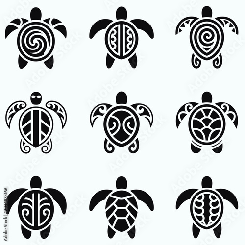 Set of sea turtle silhouettes with unique tribal designs on shells  various patterns and styles  black and white