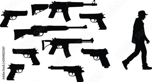 Tableau sur toile Weapon Silhouettes Collection with Handguns Rifles and Human Figure Isolated Bla