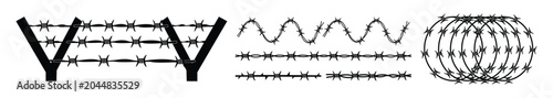 Fotografía Barbed wire fence and razor wire vector set with concertina coils, security barr