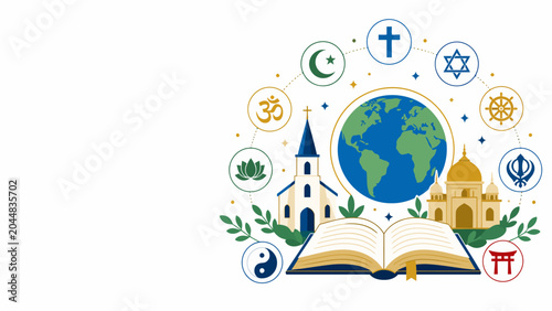 Tableau sur toile Global Religions and Spirituality: An open book represents universal wisdom surrounded by symbols of various global religions and iconic houses of worship, all orbiting a depiction of Earth