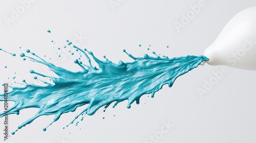 Turquoise paint splashing from bottle nozzle on white background