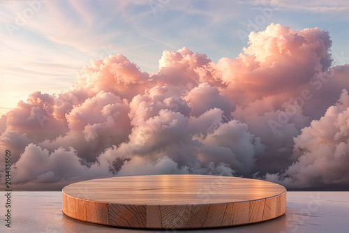 Round Wooden Product Podium on Soft Pink Cumulus Cloud Background with Warm Pastel Sunrise Sky for Beauty and Cosmetic Mockup