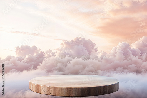 Floating Round Wooden Podium Surrounded by Soft Pastel Pink Clouds and Dreamy Sky with Large Copy Space for Product Mockup