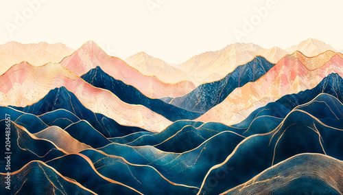 Japanese Minimalist Abstract Mountain Landscape Art with Dark Navy Blue Waves and Gold Stripe Accents on Wide Cream Sky Background