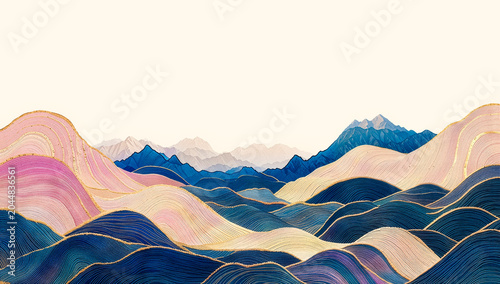Japanese Abstract Art with Deep Indigo Purple Wave Landscape and Golden Mountain Background and Warm Gold Line Accents on Cream Sky