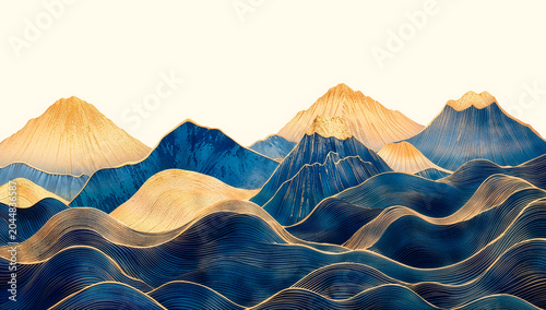 Japanese Abstract Landscape Art with Deep Navy Blue Wave Foreground and Pink Beige Mountain Background with Gold Line Details on Cream