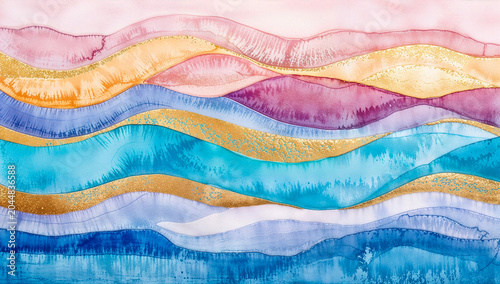 Pastel Watercolor Wave Stripe Background with Purple Yellow Teal and Lilac Horizontal Layers and Gold Glitter Accents on White