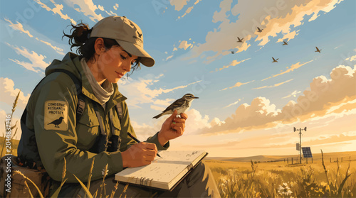 Konstfotografi Wildlife Biologist Studying Bird in Field for Environmental Research & Conservat