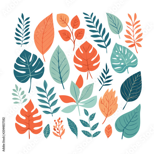 Collection of flat design tropical leaves in various colors
