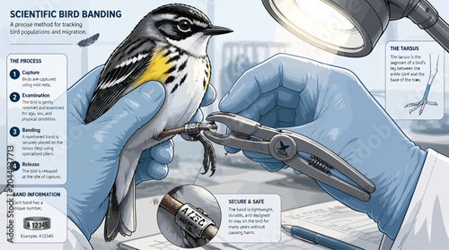 Schilderij op canvas Scientific Bird Banding Research: Wildlife Conservation & Ornithology Study