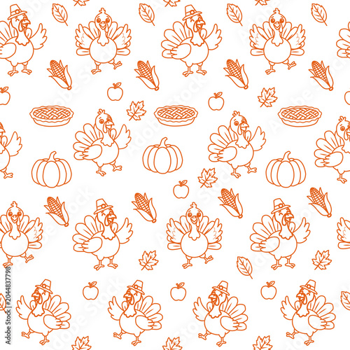 Seamless thanksgiving pattern with happy turkeys and harvest food
