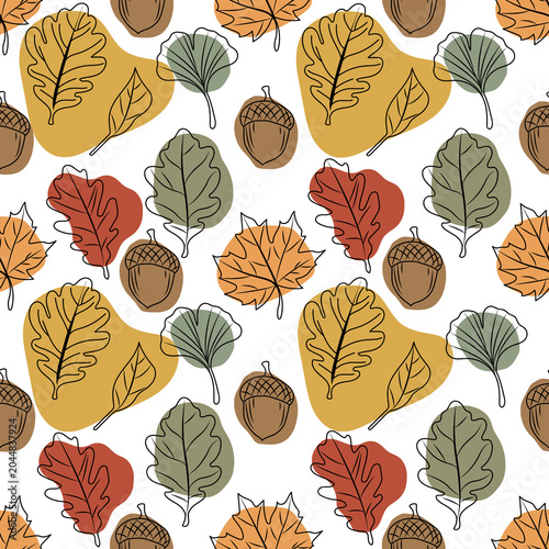 Autumn pattern with line art foliage and acorns