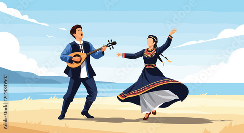 Man and woman in traditional costumes performing a lively folk dance on a beach with the man playing a stringed instrument.