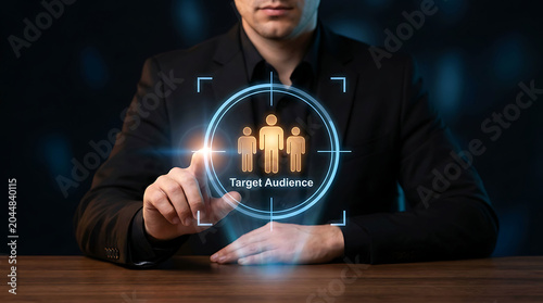 Businessman pointing at virtual Target Audience radar button on wooden desk