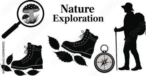 Black and white vector illustration of nature exploration with hiking boots, compass, magnifying glass, mushrooms and outdoor adventurer