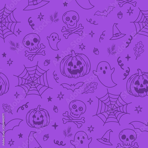 Halloween seamless pattern with spooky elements on purple background