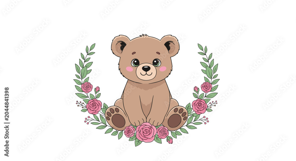 Obraz premium Adorable brown teddy bear sitting inside a delicate wreath of pink roses and green leaves on a clean white background.