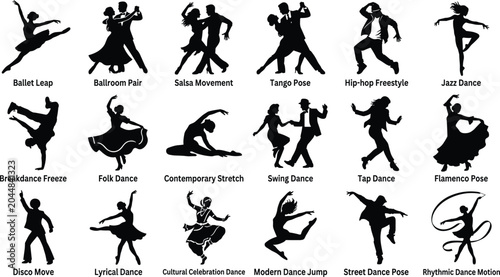 Black dancer silhouette vector collection showcasing diverse dance styles, cultural movements, and expressive poses for creative design projects