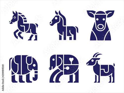 Six navy blue animal puzzle icons on white background  horse donkey cow elephant goat puzzles  animal shapes